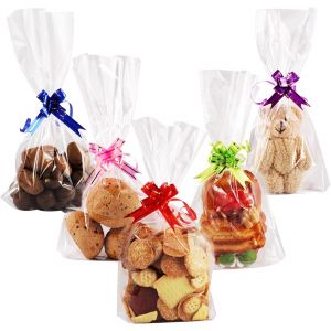 50 Pcs Sachet Bonbon Transparent avec Fond,15 x 25cm Anniversaire Sachet Plastique avec 50 Noeuds de Couleurs Mélangées pour Emballage Biscuit Chocolat de Noël - Neuf