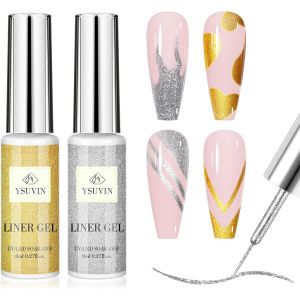 Kal-Vernis Gel Uv Semi Permanent, 2 Couleurs Argent Et Or Liner Gel Nail Art Tirez Ligne Stylo Drawing Vernis À Ongles Pour La Peinture Au Trait French Manucure Nail Art Salon, Longue Durée, 8ml - Neuf