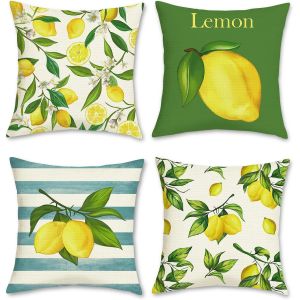 Cauc-Lot De 4 Housse De Coussin Citrons 45 X 45 Cm Fruits Jaune Polyester Lin D&eacute;coratif Taie D'oreiller Pour Canap&eacute; Lits Chaises Voiture Salon Maison D&eacute;cor - Neuf