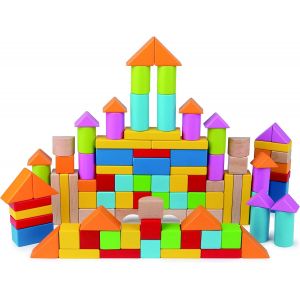 ChenQuanSarl-Jouet En Bois Construction Enfant 12 Mois Et Plus - Blocs De Construction Multicolore - Jouet Éveil Fille Et Garçon - Baril Formes Géométriques À Bouts Ronds & Peinture Non Toxique - Dès - Neuf