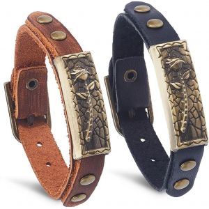 Kal-Bracelet En Cuir V&eacute;ritable Pour Homme 2 Couleur R&eacute;glable Style Punk Rock Bracelet De Moto Fait &Agrave; La Main Avec Des Fleurs De Rose En Alliage Pour No&euml;l Cosplay - Neuf