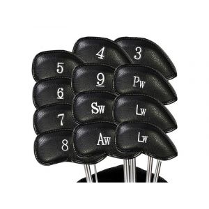 Ensemble De 12 Couvre-T&ecirc;tes De Club De Golf En Cuir Pu Noir, Compatible Avec La Plupart Des T&ecirc;tes M&eacute;talliques, Avec Housses Pour Tous Les Fers. - Neuf