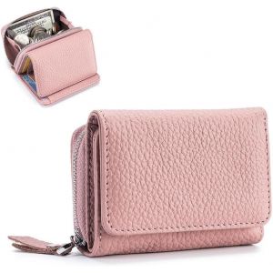 CAUC-Petit Portefeuille Femme avec Poche &agrave; Fermeture &eacute;clair en Cuir V&eacute;ritable Porte-Monnaie Porte-Carte de Cr&eacute;dit Blocage RFID pour Dames Fille - Rose - Neuf