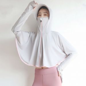 Veste A Capuche De Protection Solaire En Soie Glacee, Chemise De Soleil A Manches Longues Avec Trou Pour Le Pouce Pour Masque, Chemise Courte Rafraichissante A Capuche Pour Femme Avec Bord Long, Gris - Neuf