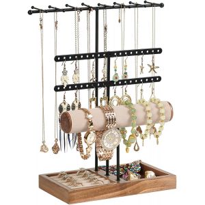 Présentoir À Bijoux, Presentoir Boucle D'oreille Avec Base En Bois, Avec 38 Trous, Porte Bijoux Femme Pour Colliers, Bracelets, Boucles Doreilles, Pinces, Bagues (Noir) - Neuf