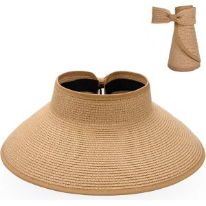 Large Bord Roll-Up De La Paille Pare-Soleil Chapeau Pour Les Femmes, Pliable Été Des Chapeaux Pour Les Femmes Avec Réglage De L'uv, Pare-Soleil Avec Bow Tie (Brun) - Neuf