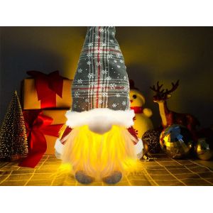 Nain de No&euml;l en forme de gnome avec lumi&egrave;re LED et chapeau &agrave; carreaux, gris - Neuf