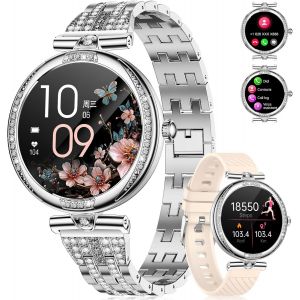 Montre Connectée Femme Bluetooth Appels Pour Android Ios Montre Femme Connectée 1,19"" Amoled Fitness Activity Tracker Fréquence Cardiaque Sommeil Moniteur Diamond Argenté Acier Smartwatch Femme - Neuf