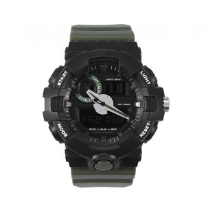 Montre-Bracelet Ronde Smael Analogique Et Numerique A Double Affichage, Retroeclairage Led, Bracelet Vert Armee - Neuf