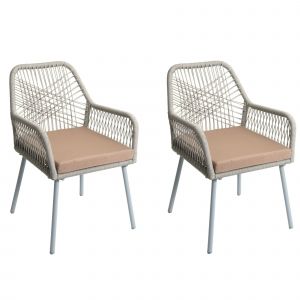 Lot De 2 Chaises De Jardin Motif Graphique A&eacute;r&eacute; En Aluminium Gris Corde Tress&eacute;e Et Coussins Taupe Inclus 04_0009693 - Neuf