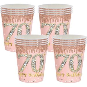Kalanka-16 Pcs Gobelets Jetables Anniversaire,Gobelets Carton Jetables Decoration Anniversaire 70 Ans,Kit Vaisselle Jetable Anniversaire Homme/Femme,Joyeux Anniversaire Decoration Anniversaire Rose E - Neuf