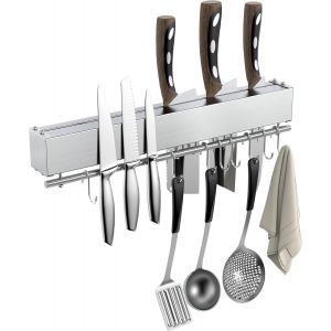 Oayew-Porte Couteaux Aimant&eacute; 3 En 1 40cm &iquest; Barre Aimant&eacute;e En Acier Inox Avec 8 Crochets & Rangement Couteaux &iquest; Montage Autocollant Ou Vis &iquest; Support Magnetique Cuisine Mural - Neuf