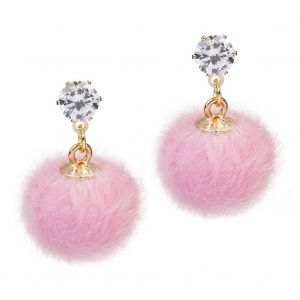Boucles D'oreilles Pendantes Rondes En Peluche Et Strass Pour Femme (Rose) - Neuf