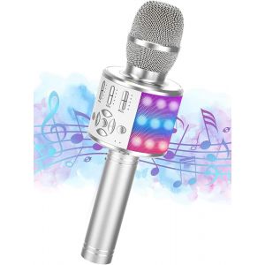 Microphone Bluetooth sans fil pour karaok&eacute; pour Android/iOS, avec fonction d'enregistrement, lumi&egrave;res LED dansantes - Portable, argent - Neuf