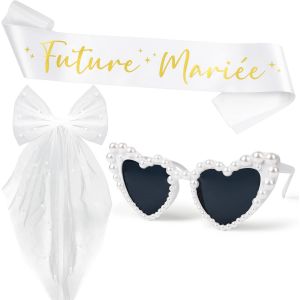 Mevronisshop-Accessoire Evjf Future Mari&eacute;e Voile &Eacute;charpe Lunette Coeur Avec Perles - Kit Enterrement De Vie De Jeune Fille Avec Bo&icirc;te Pour F&ecirc;te D&eacute;guisement Evjf - Neuf