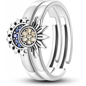 Kahfl-2 Pcs Bague Soleil Et Lune Bagues Motif Lune Soleil Scintillant Ajustable Ensemble D'anneaux Célestes Soleil Et Lune Or/Argent Bague En Forme De Lune Soleil Bague D'amitié Pour Femme - Neuf