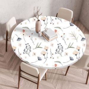Sjzg-Nappe De Table Ronde Avec Bord Élastique, Nappe Ronde Anti-Tache Antidérapante Exterieur Table Protection Extensible Pour Cafe Cuisine Fête Table (120cm,Feuilles De Fleurs) - Neuf