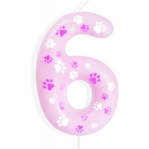 Bougies d'anniversaire « Pink Dog Paw Number 6,Pink Dog Paw Print »-Bougies d'anniversaire sur le thème des bougies d'anniversaire chiffre 6-Décoration d'anniversaire rose-6-Décoration - Neuf