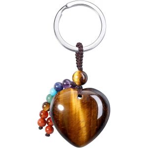 Kal-Porte-Clé Coeur Oeil De Tigre Pierres Naturelle Chakra Porte Clef Keychain Pendentif Coeur Tisser Fait Main Pierre Precieuse Perles D'energie Metal Délicat Bijoux - Neuf