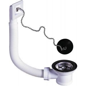 JGD-30723222 Bonde pour &eacute;vier de cuisine 1 bac &Oslash;50 mm avec bouchon et trop-plein ext&eacute;rieur, blanc - Neuf