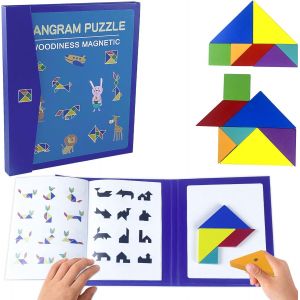 ERYI-Tangram Enfant,Tangram Magnétique,Livre De Puzzle Tangram En Bois,Géométrique Formes Tangram De Puzzle Jeux De Panne Avec Solution,Puzzle De Jeux De Voyage Pour 3 4 5 6 Ans Jouets Educatifs - Neuf