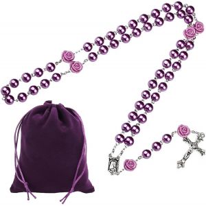 Kal-Chapelet Catholique, Croix Chretienne Homme Chapelet, Collier Croix, Cadeau Communion Fille, Chapelet De Perles De Rose Clair, Médaille Du Sol Sacré, Crucifix Avec Sac À Cordon Velours - Neuf