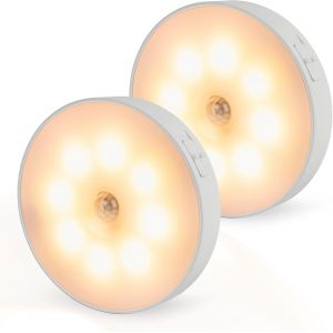 Lampe Detecteur De Mouvement Interieur Ronde, Rechargeable Par Usb-C, Magn&eacute;tique, 2 Pi&egrave;ces, Blanc Chaud 3000k, Veilleuse, Lampe Led Rechargeable, Lampe Placard - Neuf