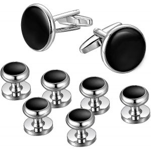 Mens Cufflinks And Studs Set -Tuxedo Shirts Classic Blacksilver Match - Neuf