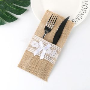 Lot De 12 Sacs &Agrave; Couverts En Toile De Jute-11 X 21 Cm-Vintage-Avec Dentelle-D&eacute;coration De Table Pour F&ecirc;te,Anniversaire,Communion,P&acirc;ques,Mariage! - Neuf