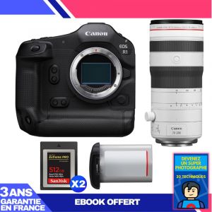Boitier Canon EOS R1 + RF 70-200mm f/2.8 L IS USM Z White + 2 SanDisk 512GB Extreme PRO CFexpress Type B + Canon LP-E19 + Ebook 'Devenez Un Super Photographe - Neuf