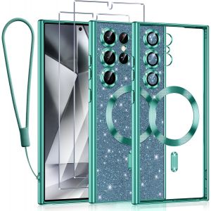 SJZG-Glitter Magn&eacute;tique Pour Samsung Galaxy S24 Ultra 5G Con Cordon, [Compatible Avec Magsafe] Antichoc Brillant Paillet&eacute; Souple Couqe Pour Samsung S24 Ultra 5G Avec 2 Pi&egrave;ces Verre Tremp&eacute; &Eacute;tui, Vert - Neuf