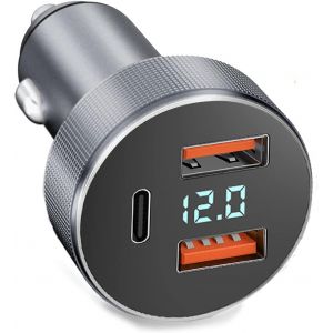 JGD-72W Chargeur Voiture Allume Cigare , Adaptateur de Charge Rapide M&eacute;taux, USB Dual 18W QC 3.0 + 36W PD, Chargeur avec Voltm&egrave;tre LED (Argent) - Neuf