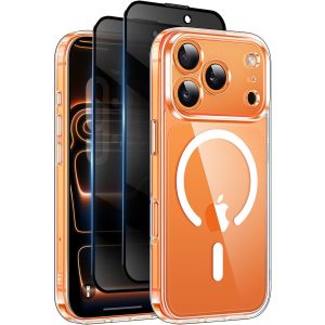 KALANKA-Helssitot Coque Magn&eacute;tique pour iPhone 17 Pro avec 2 Verre Tremp&eacute; Anti-Espion,Compatible avec Mag Safe Militaire &Eacute;tui Housse,Antichoc Antirayures Bumper Protection-Transparente - Neuf