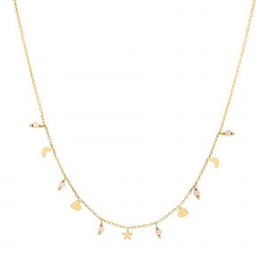 Collier Argent Dor&eacute; Pampilles De Forme Lune Coeur Et Pierre Opale Rose - Neuf