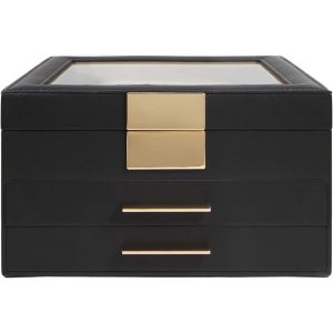 Boîte À Bijoux Avec Couvercle Transparent, Coffret À Bijoux À 3 Niveaux, 2 Tiroirs, Présentoir Montre, Organisateur (Noir) - Neuf