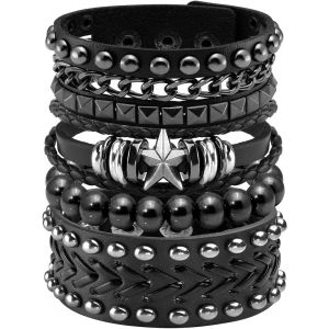 KAL-Bracelets En Cuir Punk Pour Hommes Femmes Rétro Vintage Avec Chaîne - Neuf