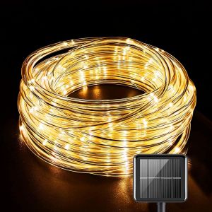 Kal-Lumières De Corde Solaire,120 Leds 12m Guirlandes Solaires Extérieures,Solaire Ruban Lumineux Imperméable Pour Noël Jardin Cour Chemin Clôture Arbre Backyard (Blanc Chaud) - Neuf