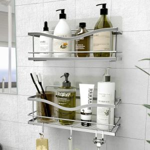 Etagère de Rangement de Douche Lot de 2 - Panier Salle de Bain sans Perçage - Étagère Murale Noire de Rangement pour Douche & Baignoire avec Crochets pour Accessoires (Noir) - Neuf