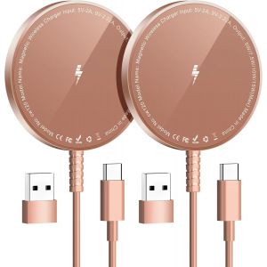 JGD-Chargeur sans Fil Magn&eacute;tique Chargeurs &agrave; Induction Compatible avec Phone 17 Air 16e 16 15 14 13 12 (2PCS Or Rose) - Neuf