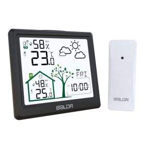 Station m&eacute;t&eacute;o sans Fil, Thermom&egrave;tre Hygrom&egrave;tre Barom&egrave;tre Int&eacute;rieure Ext&eacute;rieure avec Capteur LED Ecran R&eacute;tro-&eacute;clairage Horloge Num&eacute;rique Alarme et Snooze Heure Date Jour (Noir) - Neuf