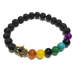 Kal-- Bracelet Extensible En Pierres De Lave Avec Perles De Chakra Et Motif Principal - Pierres Naturelles, Bracelet Élégant - Zen, Équilibre, Harmonie - Bijoux Idéal, Universel - Neuf