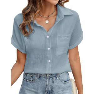 Utigh-Chemisier Femme Chic Et Élégante 100% Coton Chemise Col En V Manches Courtes Chemisiers Et Blouses Haut Décontracté T-Shirts Été Tunique Tops Avec Boutons - Neuf