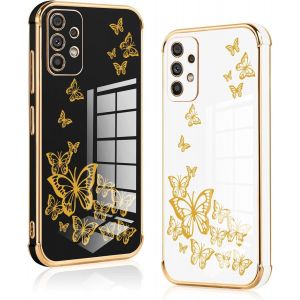 [2 Packs Coque Pour Samsung Galaxy A52s 5g/A52 4g/5g, Silicone Tpu Antichoc Housse, Étui Avec Motif Papillons Mignon Et Bordure Dorée Anti-Rayures Fille Femme Pour Samsung A52s 5g,Noir Et Blanc - Neuf