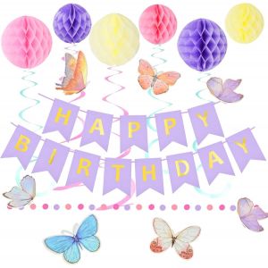 Decoration Anniversaire Violettes,Happy Birthday Banni&egrave;re Avec Boule En Nid D'abeille Pompon,D&eacute;corations D'anniversaire Papillon &Agrave; Suspendre,Guirlande D&eacute;coration De F&ecirc;te D'anniversaire - Neuf