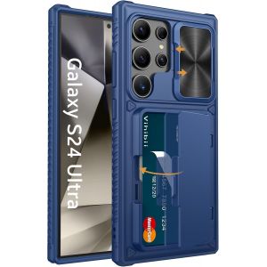 TZF-pour Samsung Galaxy S24 Ultra Coque avec Porte-Carte & Cache Cam&eacute;ra & Support, Protection Militaire Antichoc &Eacute;tui Antid&eacute;rapante Anti-Rayures Case pour Samsung Galaxy S24 Ultra 6,8'', Bleu - Neuf