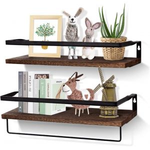 Eryi-Étagères Murales Lot De 2, Étagères Salle De Rangement Rustiques,Bain Flottantes Fixées En Bois Massif Avec Porte-Serviettes, Postuler À Étagère À Rebord Pour Chambre, Salon,Et Cuisine - Neuf