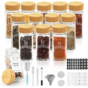 Pot À Épices En Verre Et Bois,12×120ml Bocaux À Épices Cuisine Carré,Boite Epices Avec Couvercle En Bambou Hermétique,Rangement Pour Épices,Étiquette - Neuf