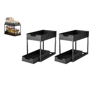 Lot de 2 organisateurs &agrave; 2 niveaux sous &eacute;vier avec paniers coulissants et crochets pour le rangement de la salle de bain et de la cuisine - Neuf