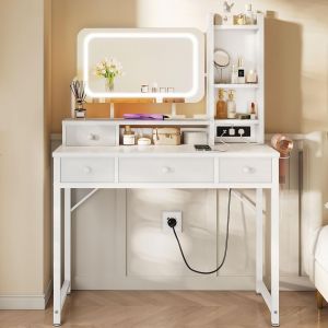 Ulteronixshop-Coiffeuse avec Miroir LED r&eacute;glable, Bureau de Maquillage avec 4 Tiroirs en Tissu, Table de Toilette avec Prise USB int&eacute;gr&eacute;e, Bureau de Maquillage Blanc 100&times;40&times;140cm - Neuf
