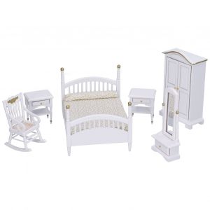Meubles Miniatures En Bois Pour Maison De Poupee 1:12, Ensemble De Meubles Pour Chambre A Coucher, Lit, Chaise, Armoire, Coiffeuse, Miroir - Neuf